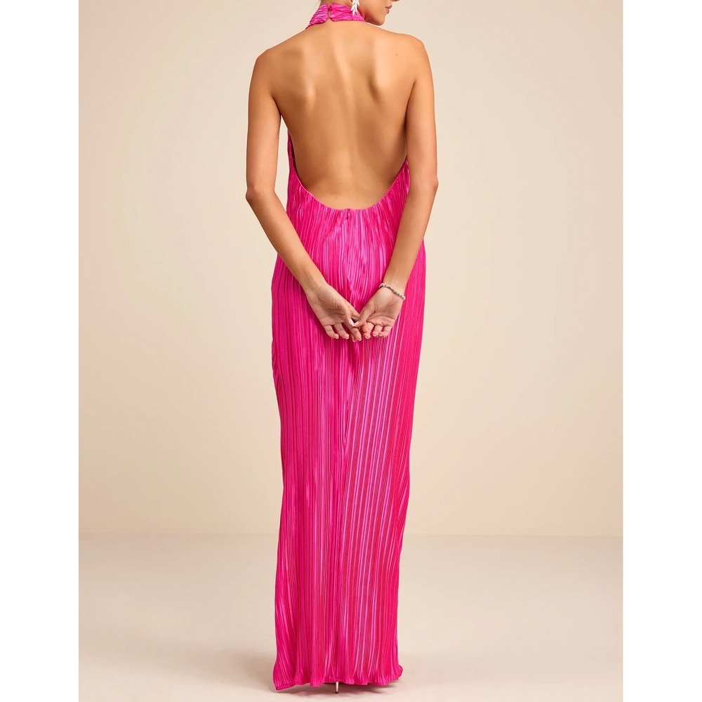 Lulus Gwenny Hot Pink Satin Plisse Halter Maxi Dress Open Back XXS NWT 2863